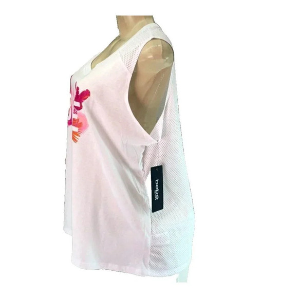 Bebe + 1X White Logo Name Graphic Scoop Neck Mesh Back Step-Hem Muscle Tank Tee - Picture 4 of 5